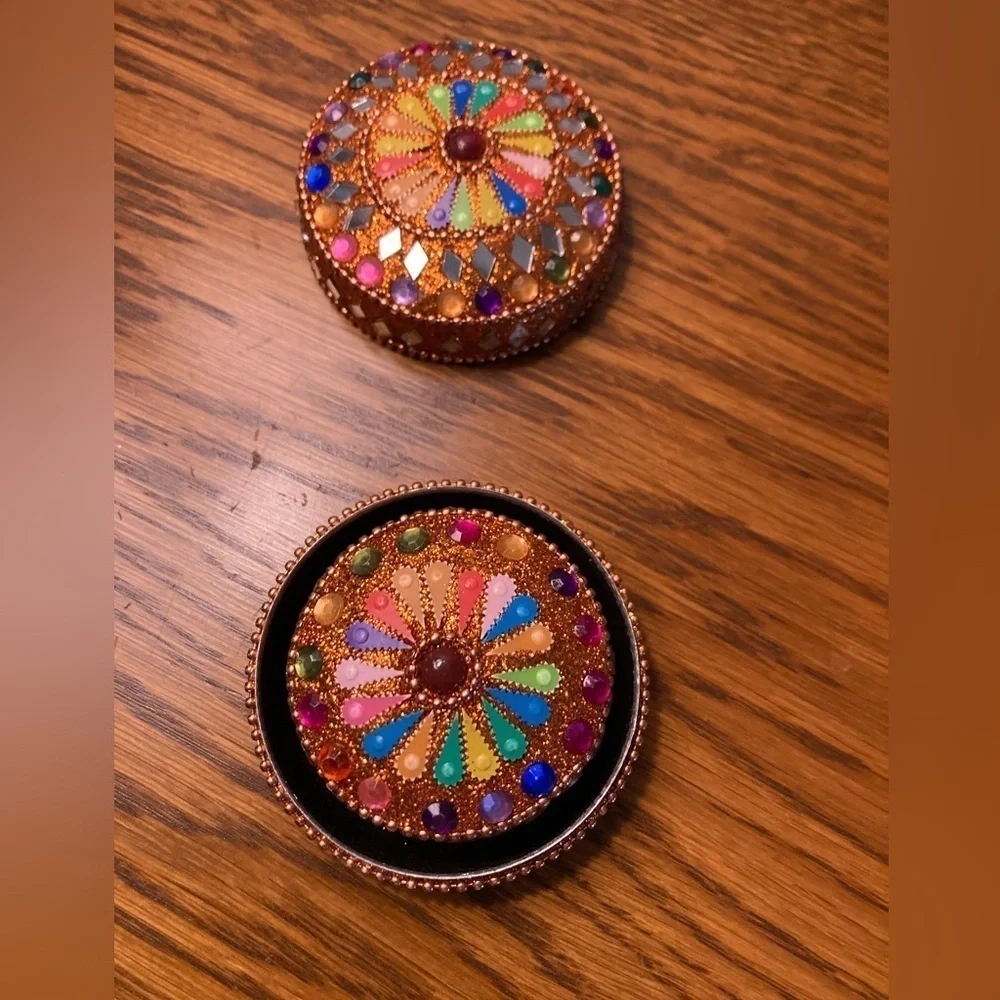 Round Trinket Box Multicolor Stones Indian Nesting Boxes Red Gold Set Of 3